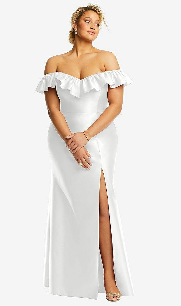 off-the-shoulder ruffle neck satin trumpet gown