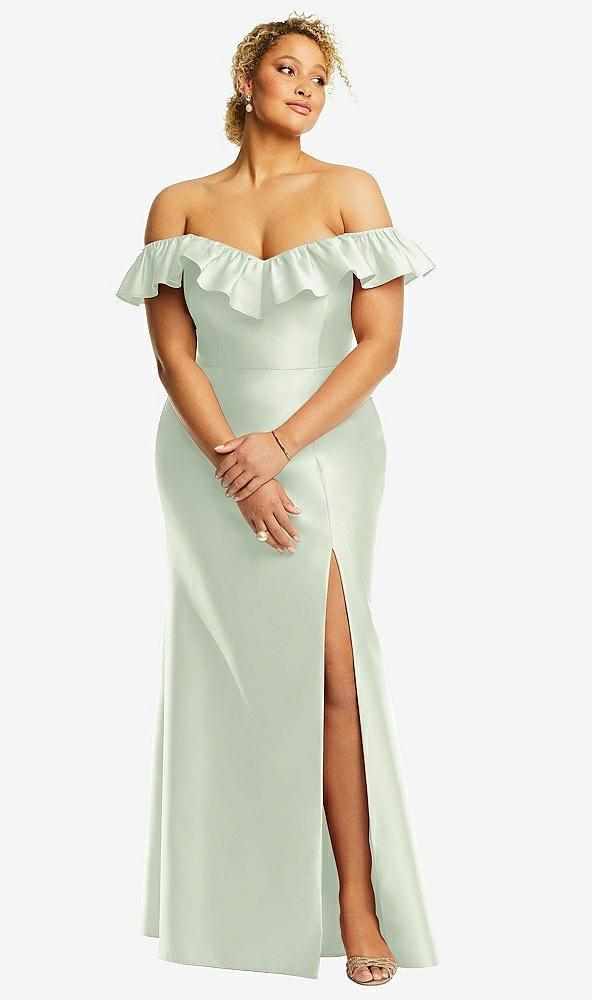 off-the-shoulder ruffle neck satin trumpet gown