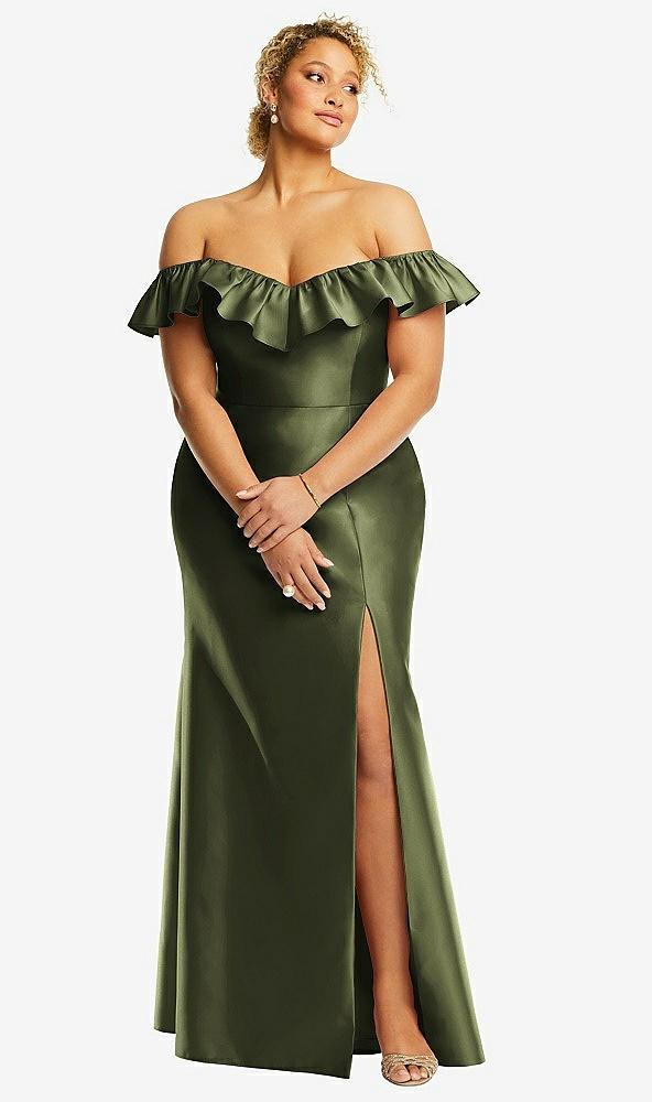 off-the-shoulder ruffle neck satin trumpet gown