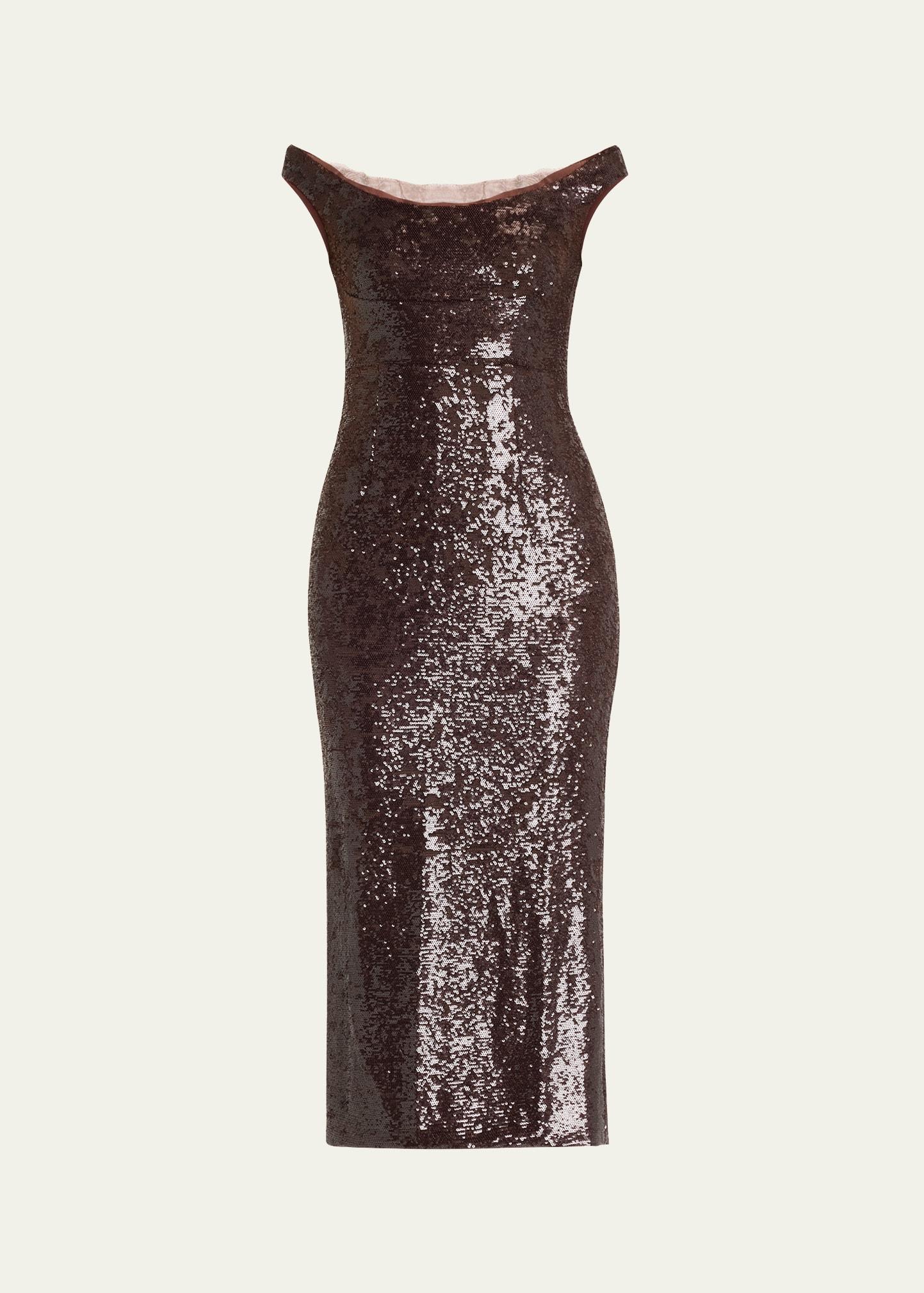 off-the-shoulder sequin midi dress