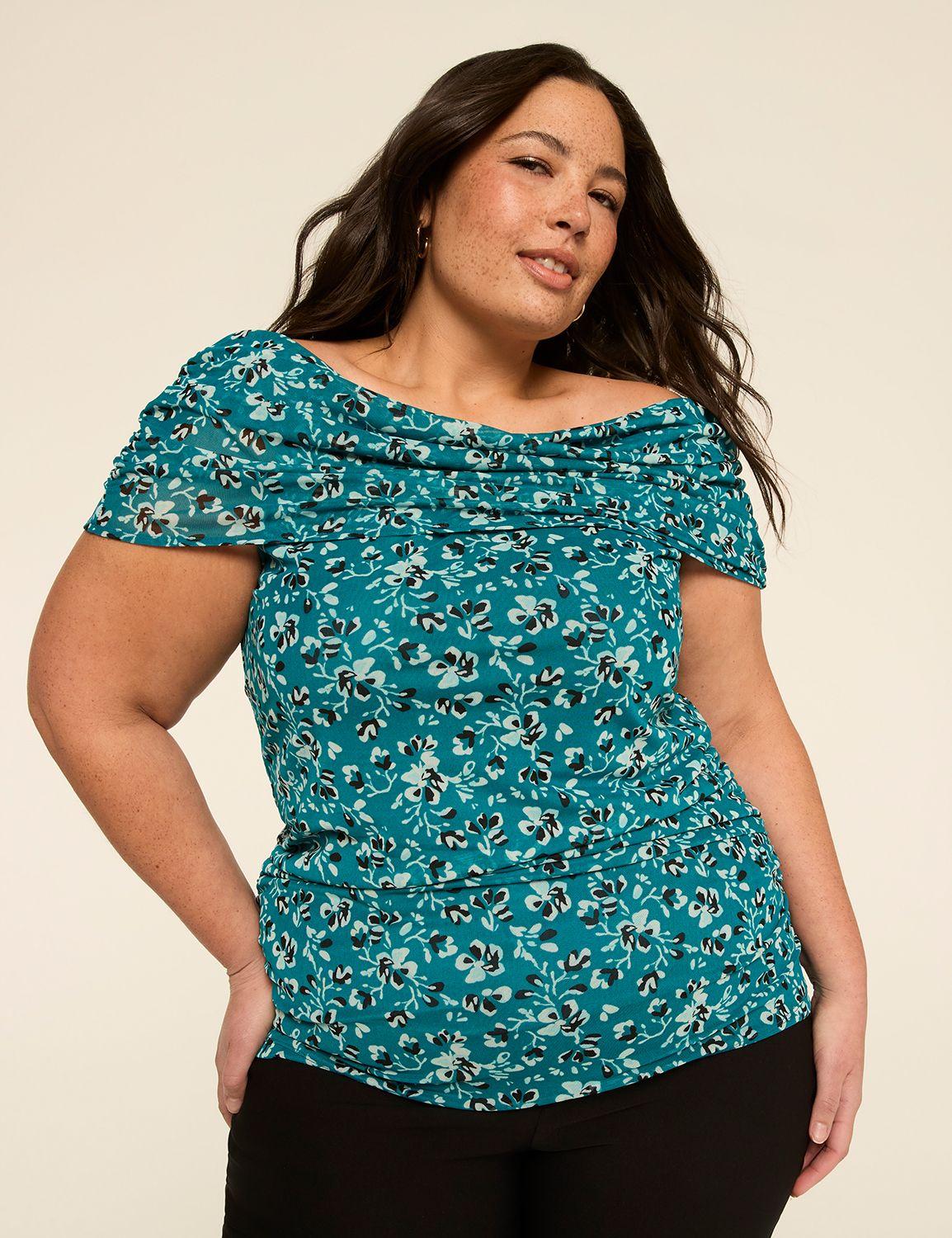 off-the-shoulder side ruched mesh top