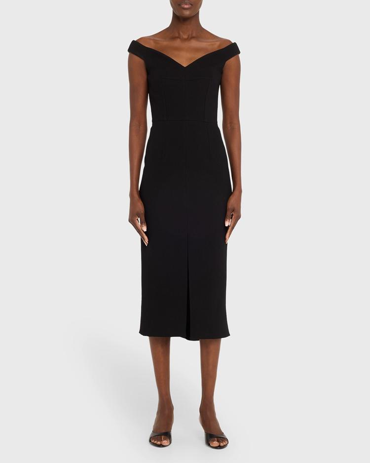 off-the-shoulder stretch boucle crepe midi dress