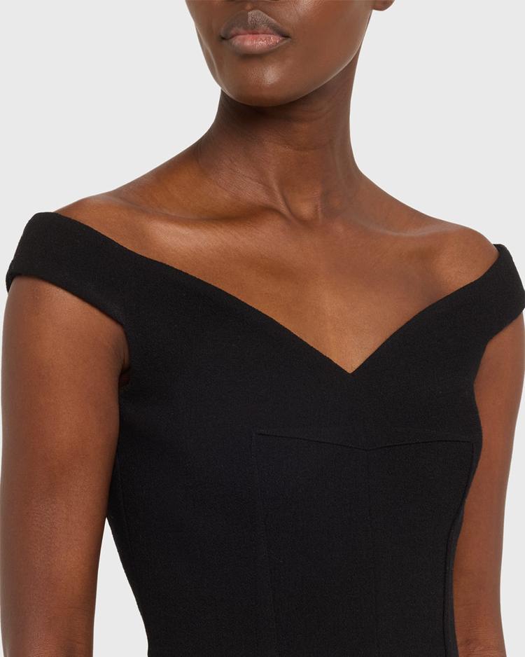 off-the-shoulder stretch boucle crepe midi dress