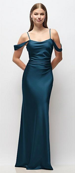 off-the-shoulder swag ruched side satin bias maxi dress with adjustable spaghetti straps