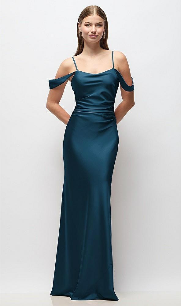 off-the-shoulder swag ruched side satin bias maxi dress with adjustable spaghetti straps