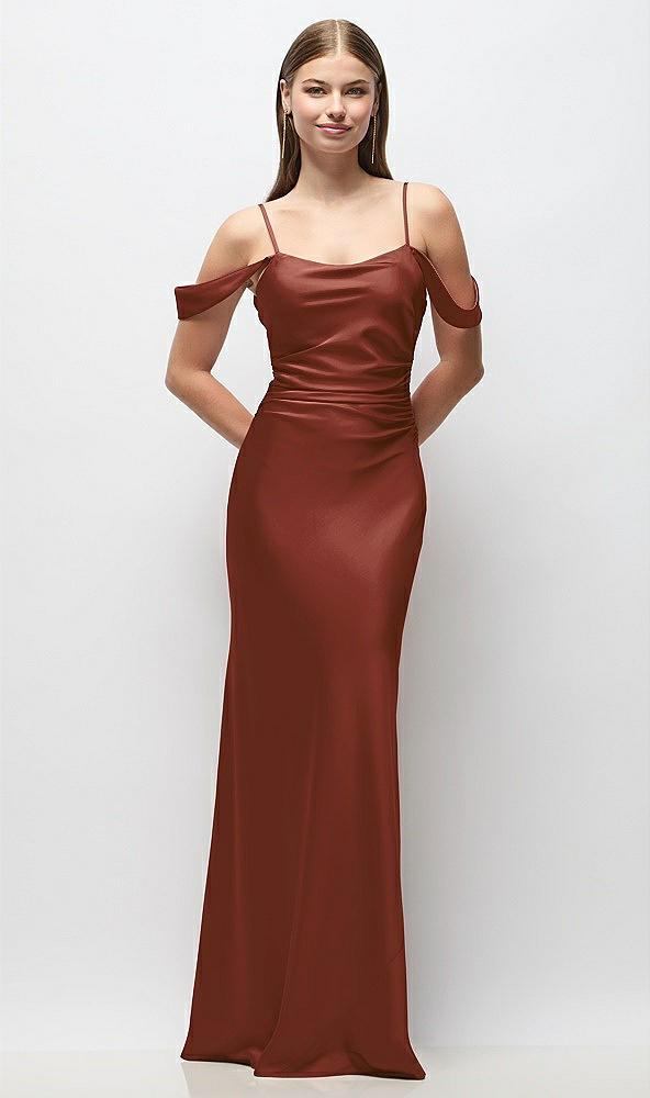 off-the-shoulder swag ruched side satin bias maxi dress with adjustable spaghetti straps