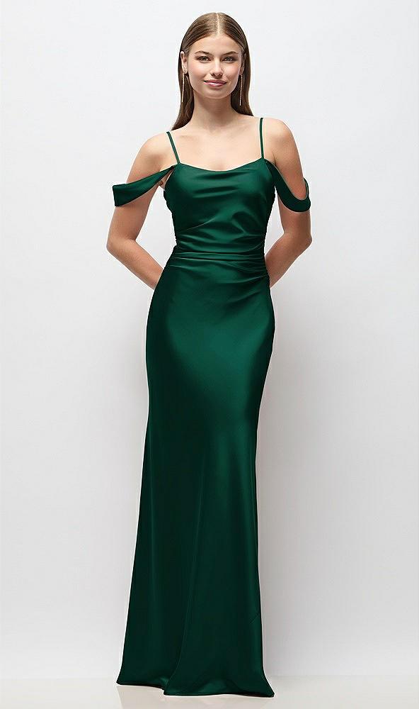 off-the-shoulder swag ruched side satin bias maxi dress with adjustable spaghetti straps