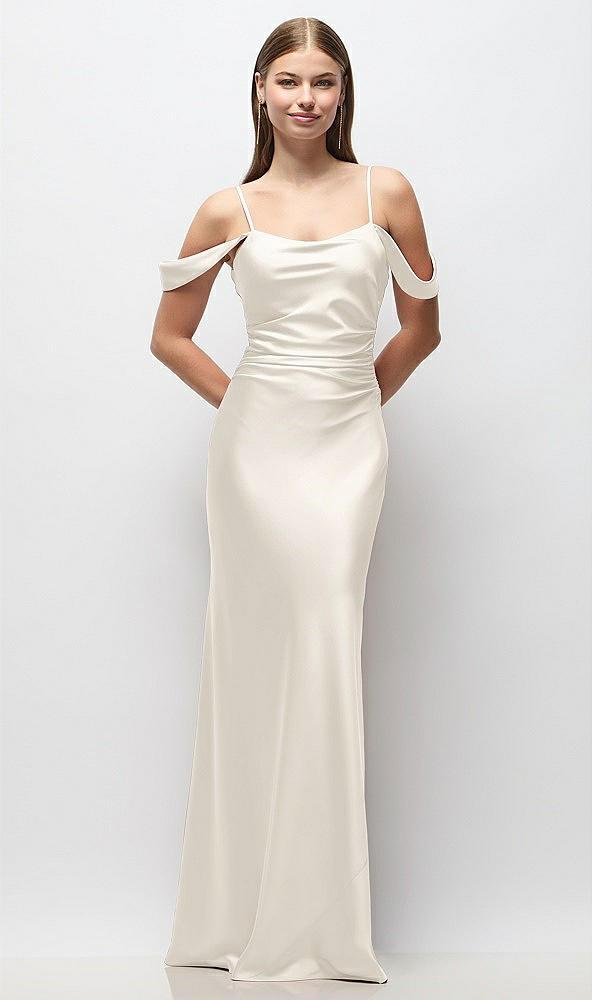 off-the-shoulder swag ruched side satin bias maxi dress with adjustable spaghetti straps