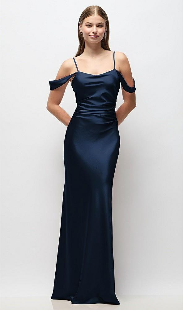off-the-shoulder swag ruched side satin bias maxi dress with adjustable spaghetti straps