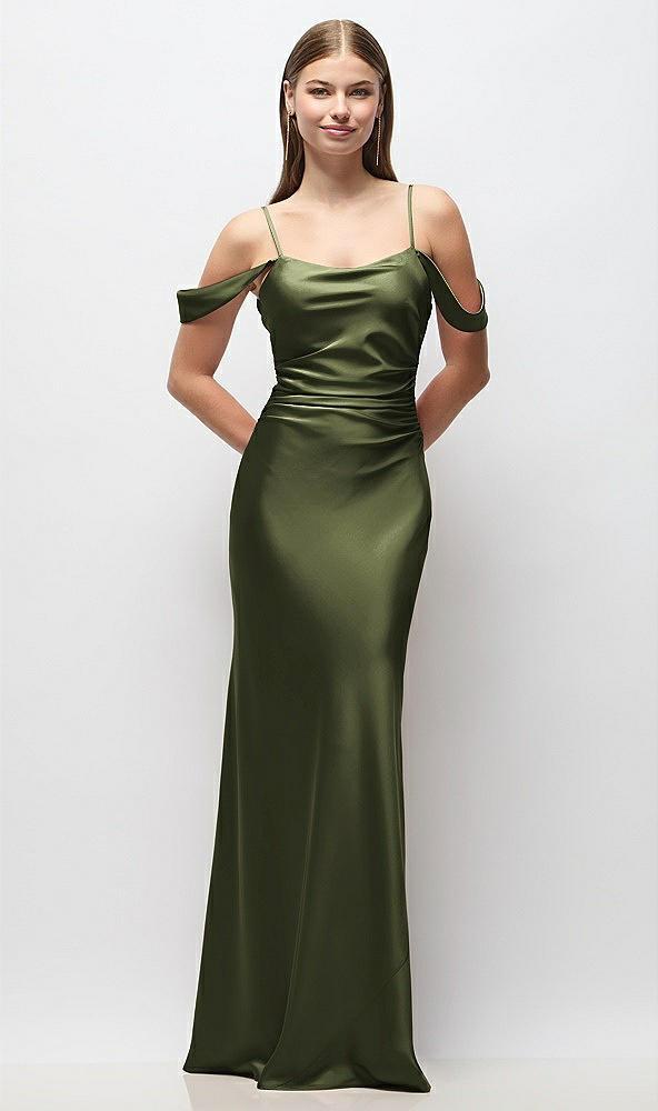 off-the-shoulder swag ruched side satin bias maxi dress with adjustable spaghetti straps