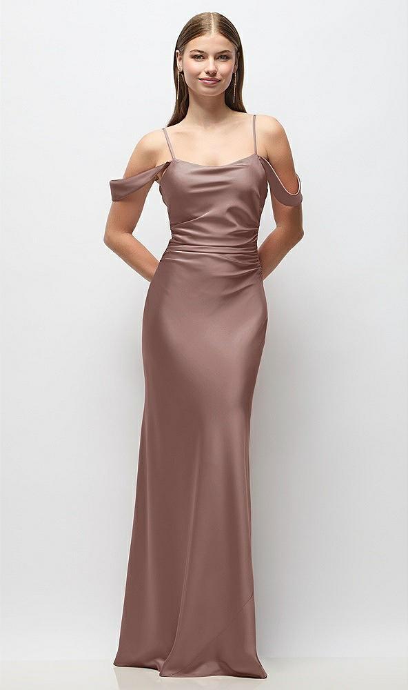 off-the-shoulder swag ruched side satin bias maxi dress with adjustable spaghetti straps