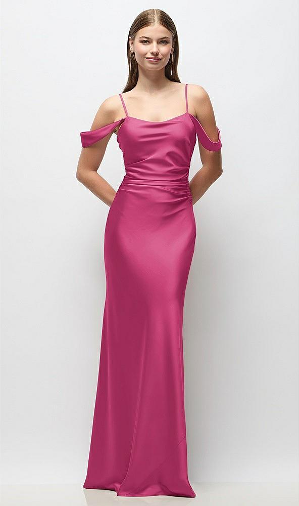 off-the-shoulder swag ruched side satin bias maxi dress with adjustable spaghetti straps