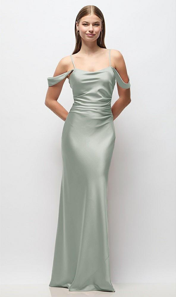off-the-shoulder swag ruched side satin bias maxi dress with adjustable spaghetti straps