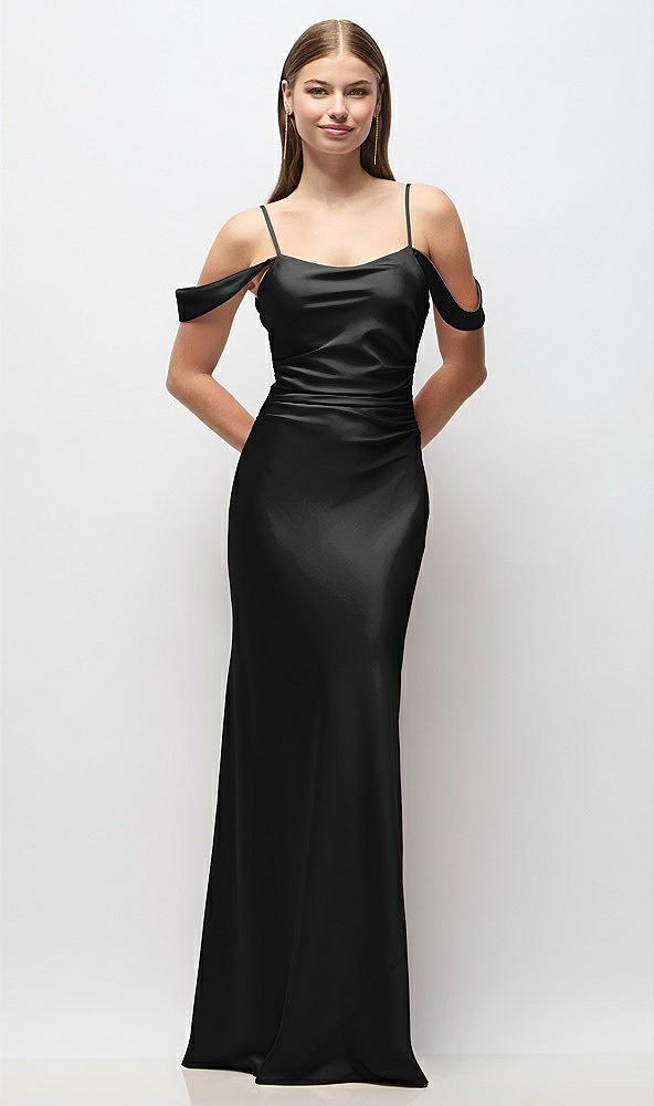 off-the-shoulder swag ruched side satin bias maxi dress with adjustable spaghetti straps