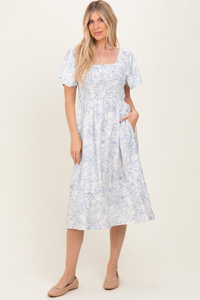 off white blue floral dress with pockets