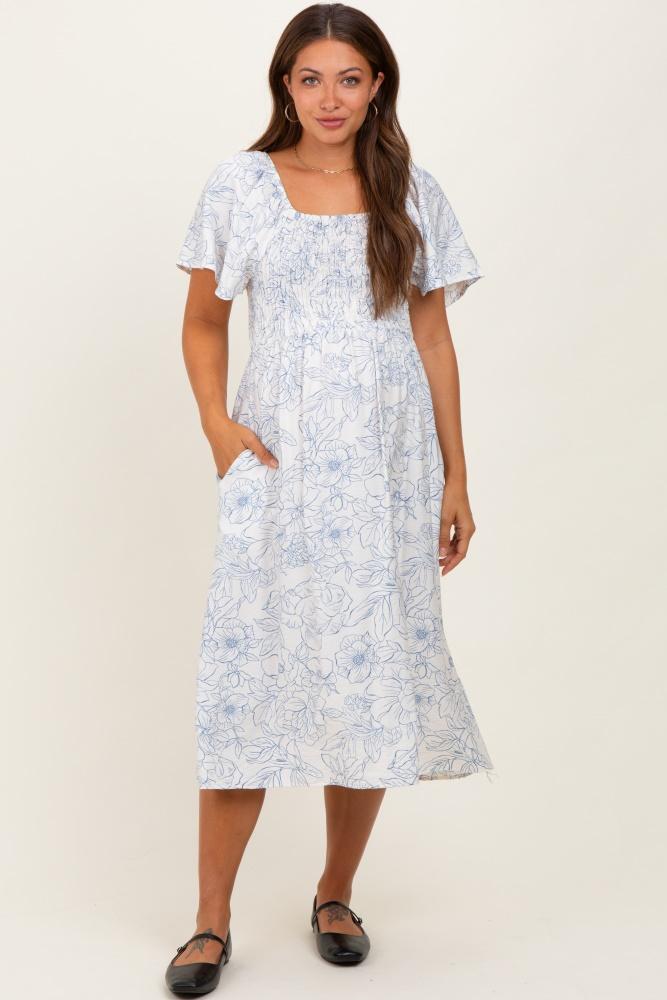 off white blue floral maternity dress with pockets