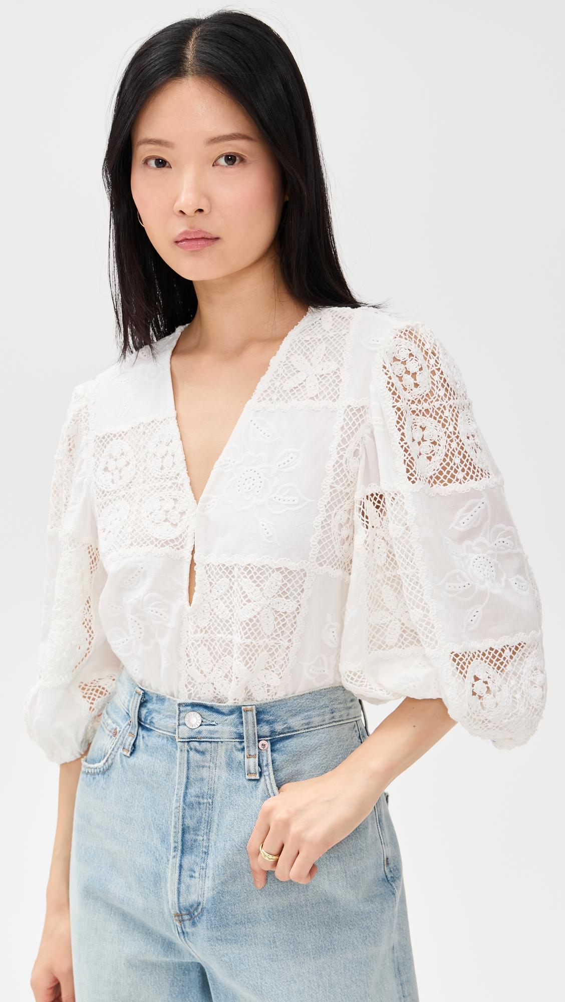 off-white rosy eyelet puffy sleeve thong bodysuit