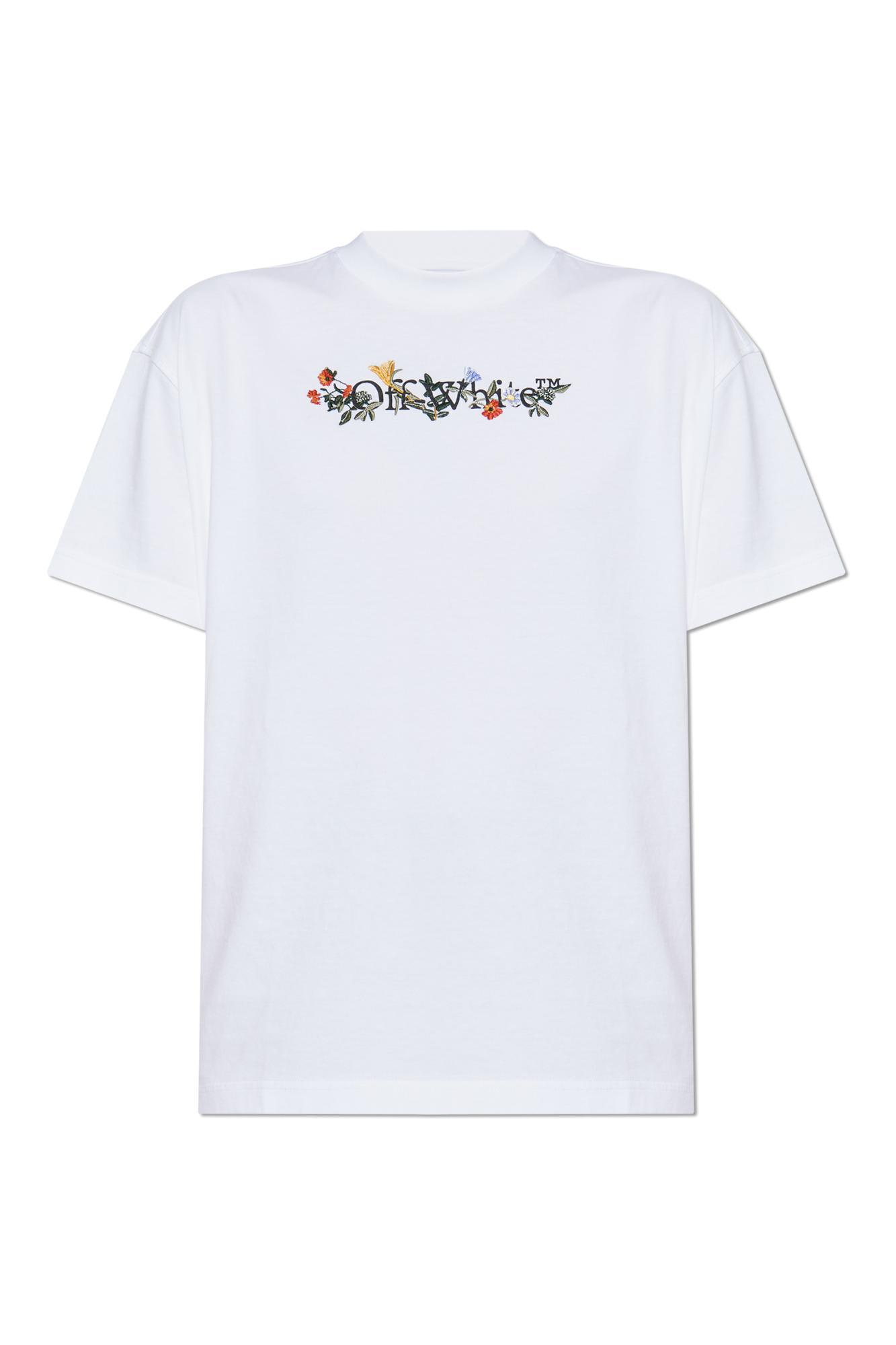 off-white t-shirt with a colorfully embroidered logo