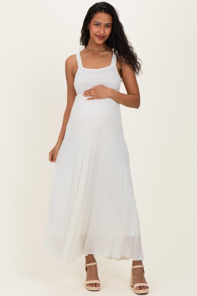 off white textured knit shoulder tie maternity midi dress