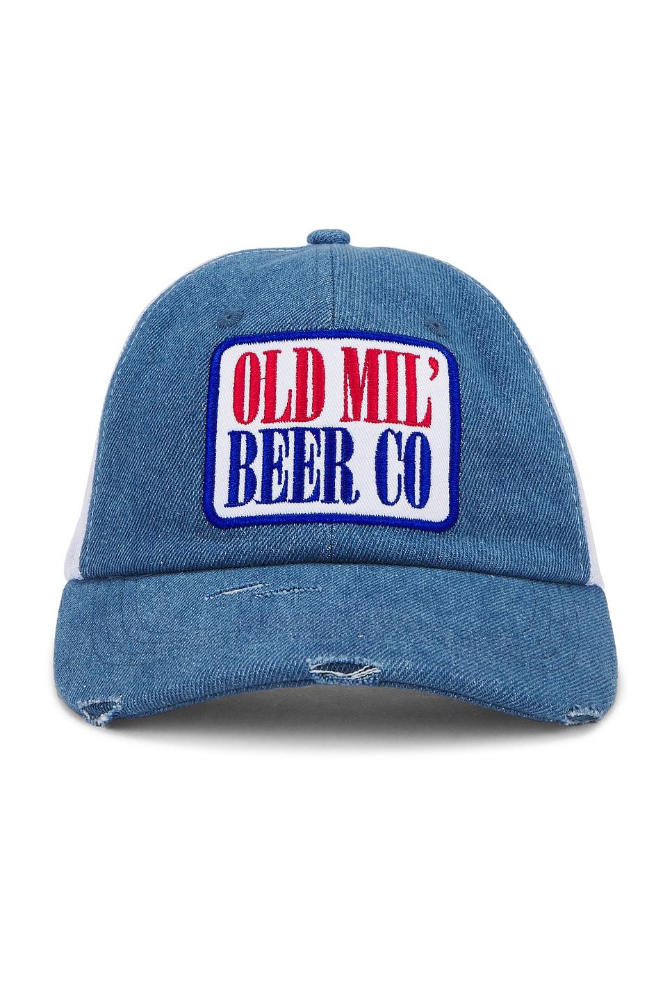 old mil' beer co hat in blue & white