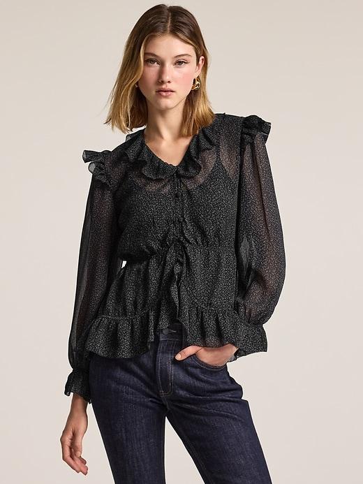 old navy x anna sui chiffon ruffle button-down top