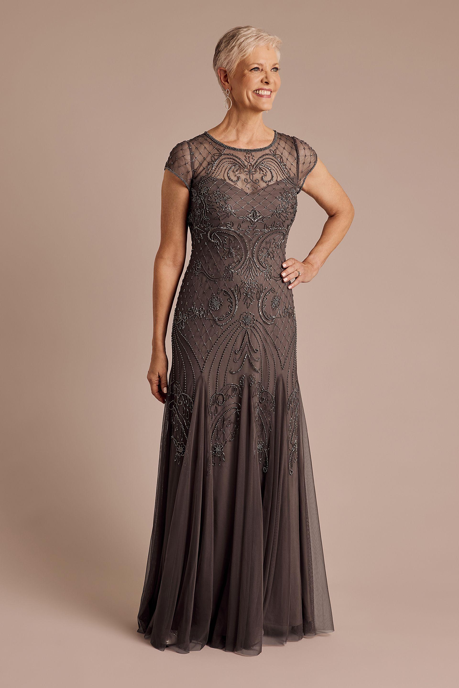 oleg cassini cap sleeve beaded a-line dress in mercury size: 6 david's bridal