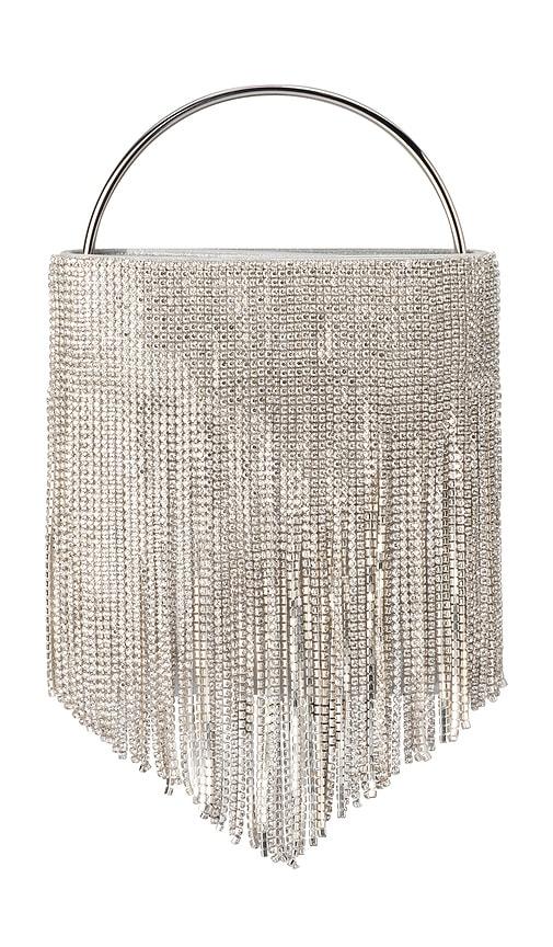 olga berg adina crystal fringe bag in metallic silver.
