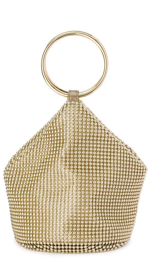 olga berg bianca ball mesh handle bag in metallic gold.