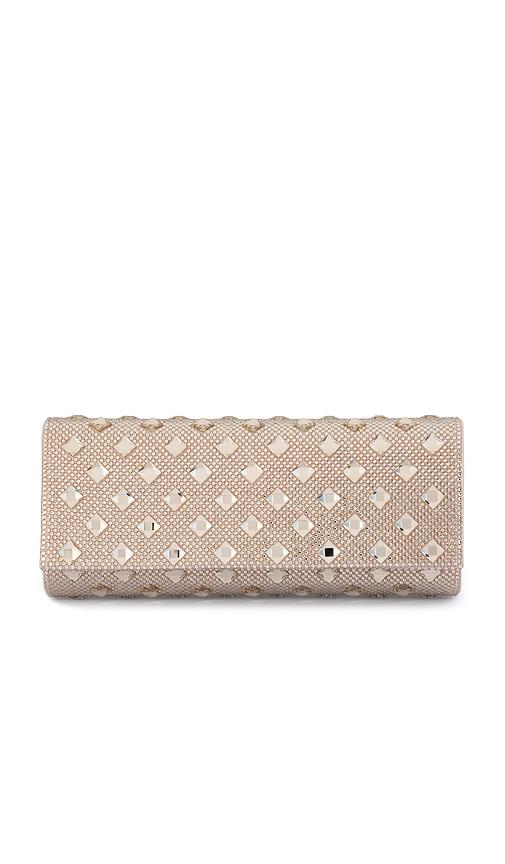 olga berg bridget crystal clutch in metallic neutral.