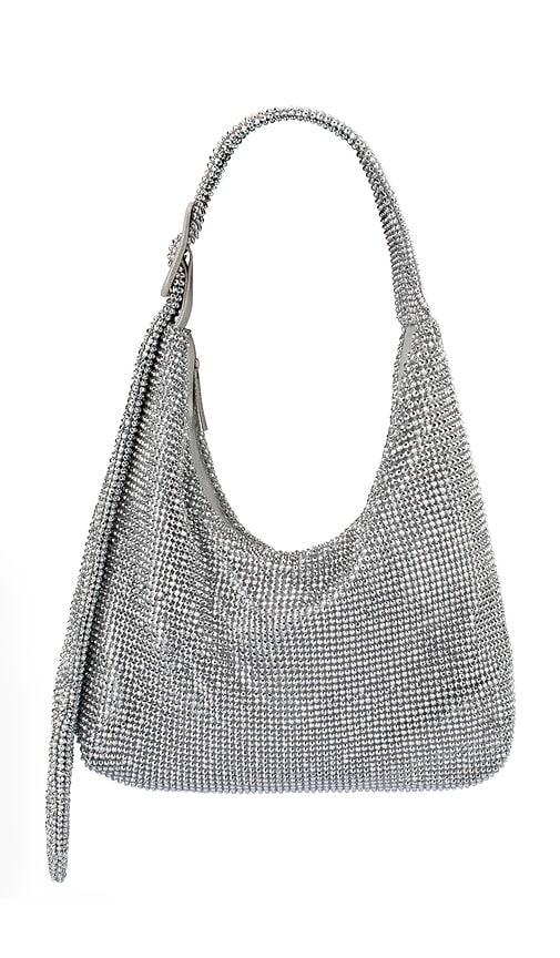 olga berg calypso crystal shoulder bag in metallic silver.