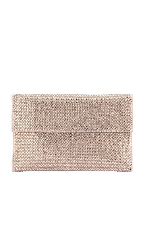 olga berg cara crystal envelope clutch in metallic neutral.