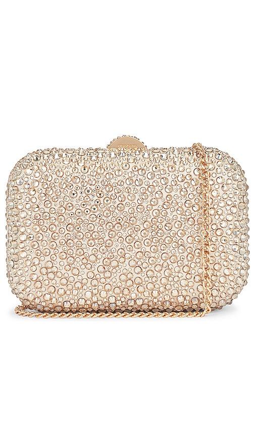 olga berg casey hot fix encrusted clutch in metallic gold.