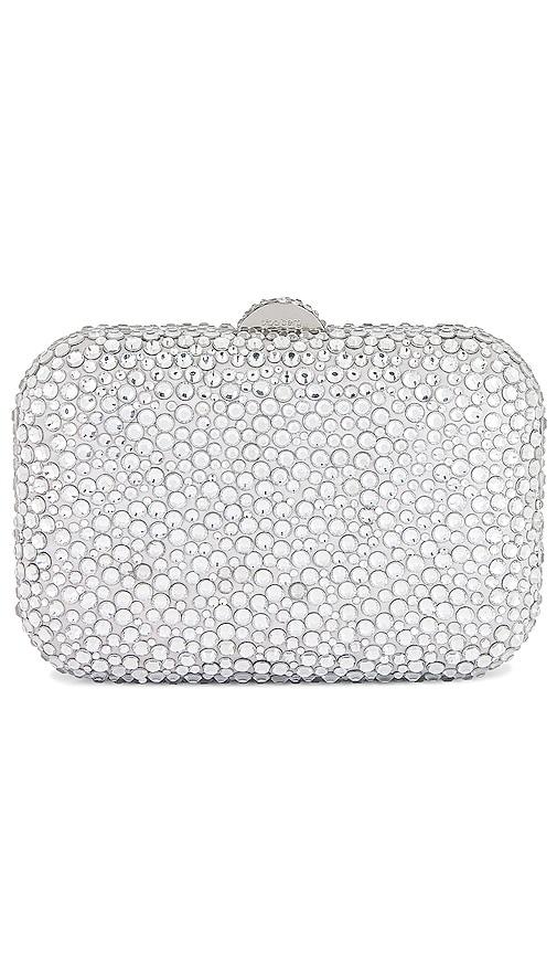 olga berg casey hot fix encrusted clutch in metallic silver.