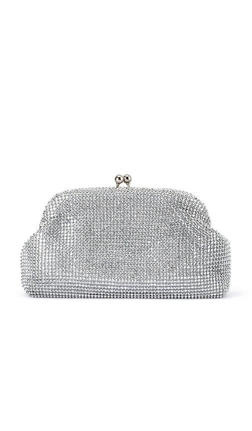 olga berg ela crystal clutch in metallic silver.