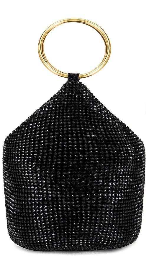 olga berg ellie crystal mesh ring handle bag in black.