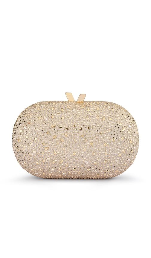 olga berg faye oval clutch in metallic gold.