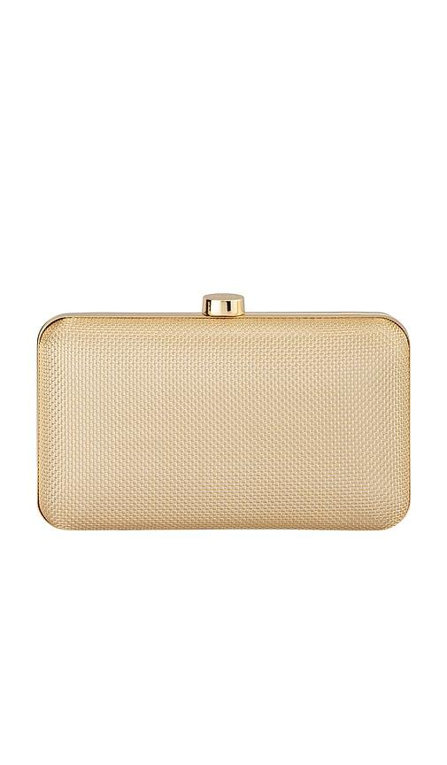 olga berg jen mesh clutch in metallic gold.
