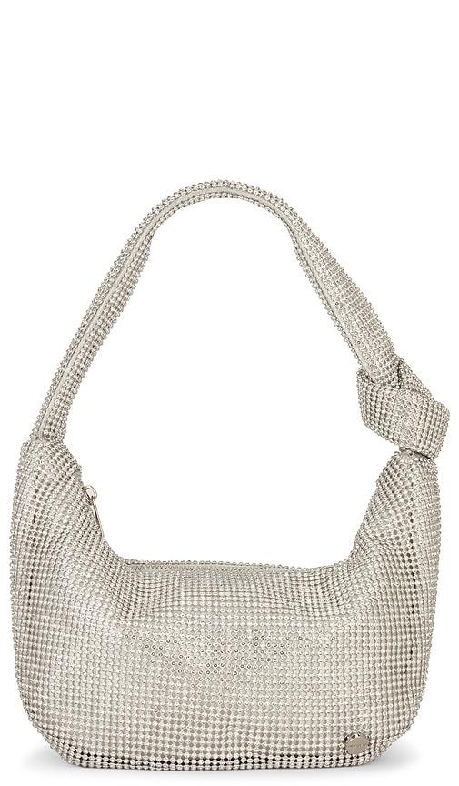 olga berg jessica soft crystal mesh croissant bag in metallic silver.