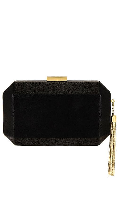 olga berg lia facetted clutch with tassel in black.