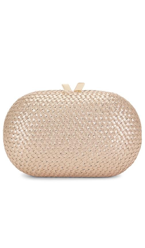 olga berg lucia oval clutch in metallic gold.