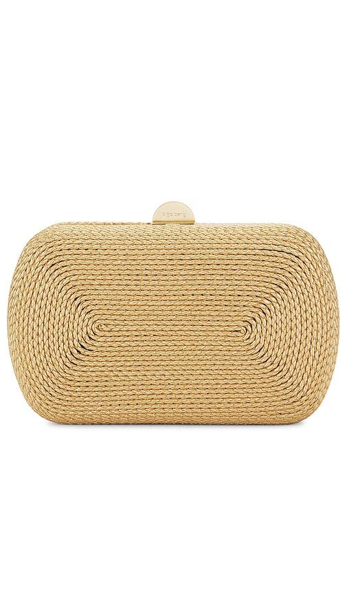 olga berg martina coiled rope clutch in metallic gold.