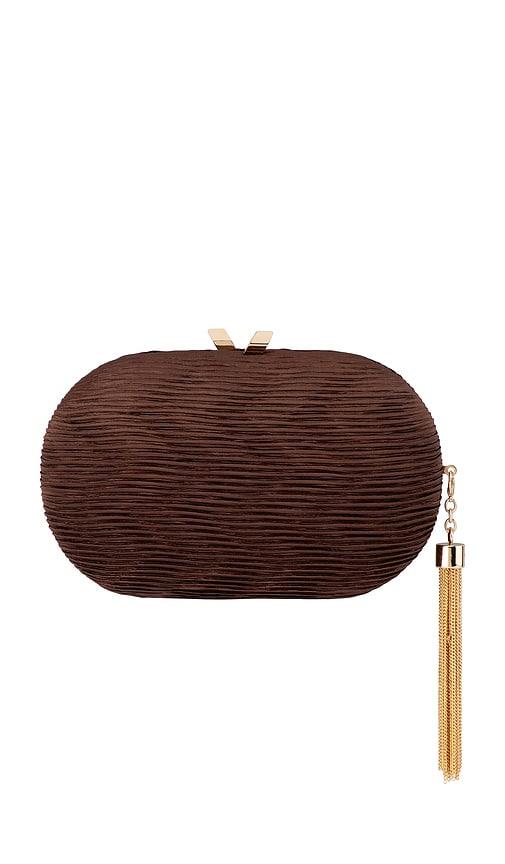olga berg natalie pleated oval clutch in chocolate.
