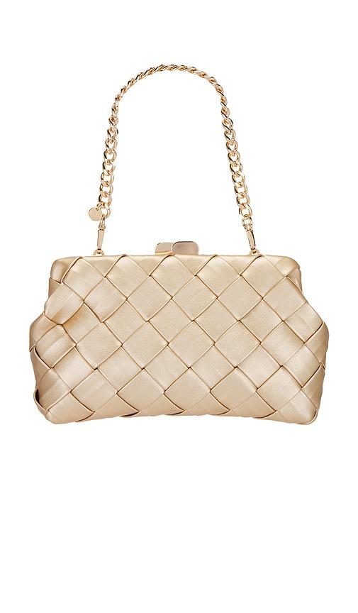olga berg quinn woven clutch in metallic gold.