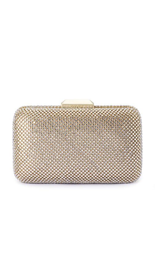 olga berg ronny crystal mesh clutch in metallic gold.