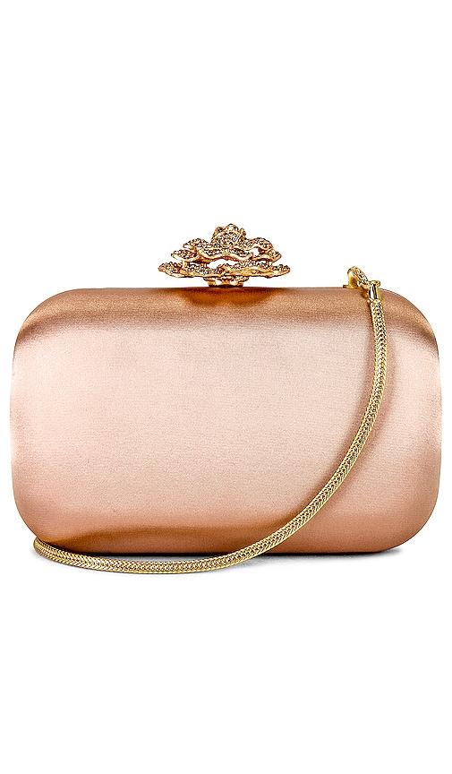 olga berg rosa crystal lock clutch in rose gold.
