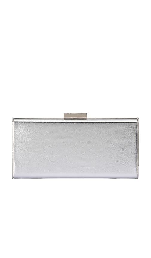 olga berg samantha slimline clutch in metallic silver.
