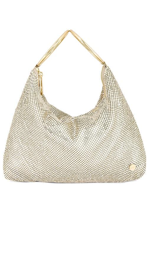 olga berg shar mesh convertible bag in metallic gold.