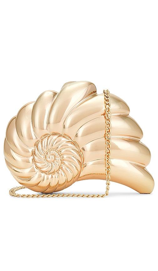 olga berg shella clutch in metallic gold.