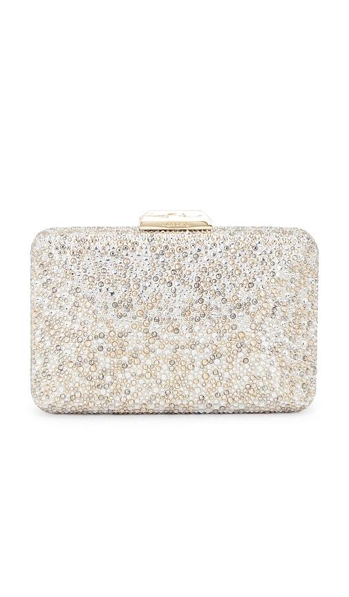 olga berg shira hotfix clutch in metallic neutral.