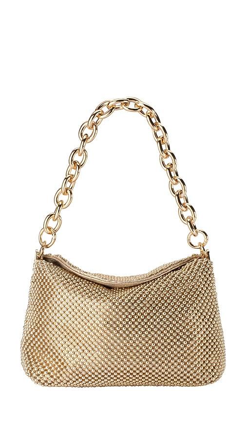 olga berg skylar ball mesh bag in metallic gold.